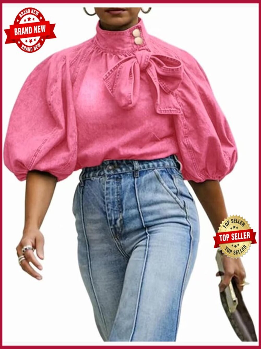 Bow Design Denim Pullover Top Button Up High Neck Fashion Jacket